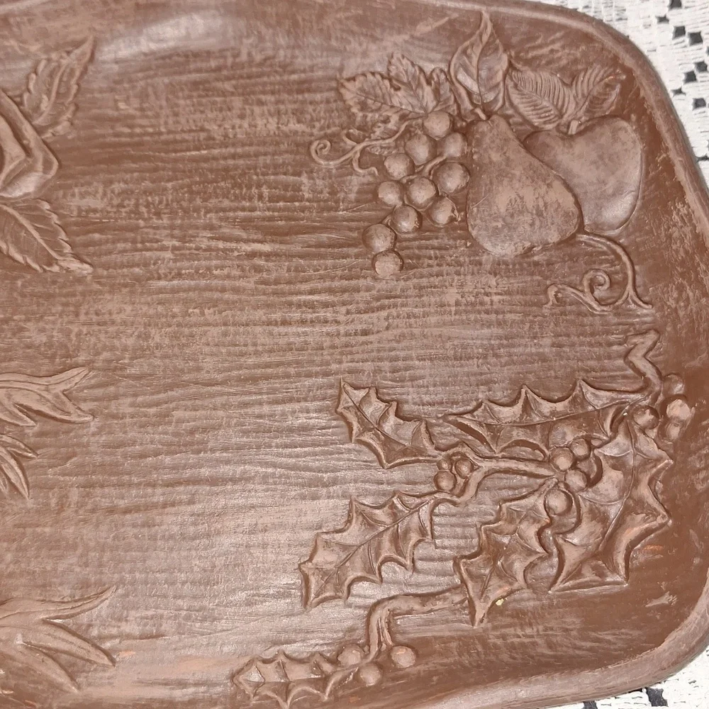 4 Seasons Faux Wood Syroco Carved Floral Tray Dish Multi Products Inc USA VTG